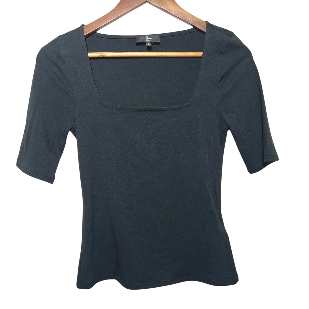 7‎ For All Mankind Black Square Neck Top Small Stretch Tee Made in Peru